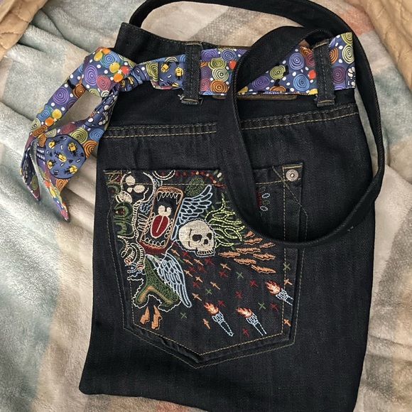 Handbags - Embroidered Denim Shoulder bag with Colorful Scarf